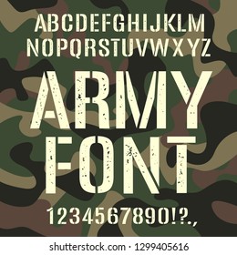 Military and army stencil font on camouflage rough pattern. Assortment, set of type, letter and number characters. Vector illustration