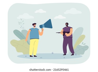 Militärischer Angriff auf den Menschen mit Megaphon. Männlicher Charakter in gelb-blauer Kleidung, der Lautsprecher und eine flache Vektorgrafik hält. Ankündigung, Nachrichtenkonzept für Banner, Website-Design oder Landing-Website