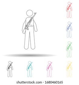 Militares con armas automáticas de varios colores icono. Línea delgada simple, contorno vectorial de iconos del ejército para ui y ux, sitio web o aplicación móvil