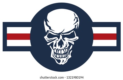 Military aviation airplane national roundel with skull, a very cool spin on a classic style aircraft logo, red white and blue isolated vector illustration