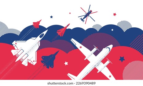 Military aviation: fighters, bomber, helicopter and transport. Vector background