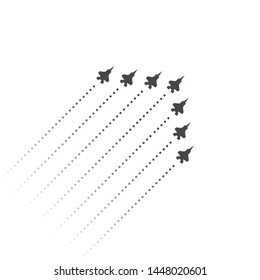 Military Aviation. Fighters fly up with trail. wedge shape of flying jet planes. Silhouettes of reactive planes and trace of jet engines. Vector illustration.