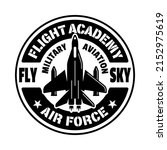 Military aviation, flight academy vector emblem, badge, label, logo or t-shirt print in monochrome vintage style isolated on white background