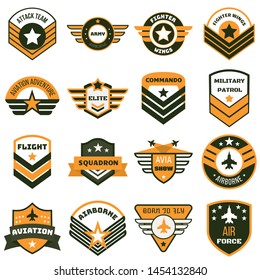 Military aviator label logo set. Flat set of military aviator label vector logo for web design