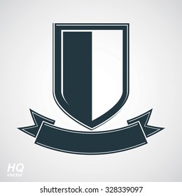 Military award icon. Heraldic blazon illustration, decorative coat of arms. Vector gray defense shield with stylized curvy ribbon, protection element, best for use in graphic and web design.