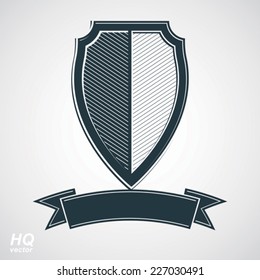 Military award icon. Vector grayscale defense shield with curvy ribbon, protection design graphic element. Heraldic illustration on security theme - retro coat of arms.