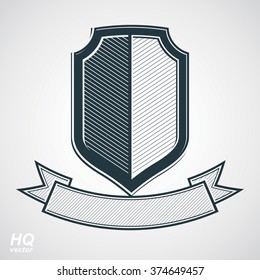 Military award icon. Vector grayscale defense shield with curvy ribbon, protection design graphic element. Heraldic illustration on security theme, retro coat of arms.