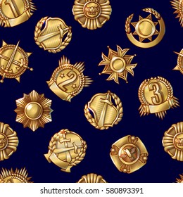 Military awards seamless pattern with gold medals emblems and badges in cartoon style vector illustration