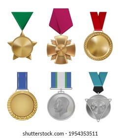 Military awards. Sport leadership round golden medals with red ribbons decent vector achievement realistic set