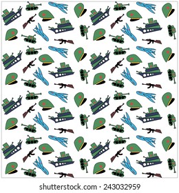 Military Background army seamless pattern. Tank, plane, cap, weapons, ship. February 23