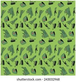 Military Background army seamless pattern. Tank, plane, cap, weapons, ship. February 23
