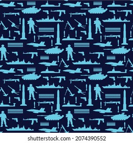 Military Background Seamless Flat Pattern With Military Equipment Icons. Silhouette Of Military Concept Soldier With Weapons.  