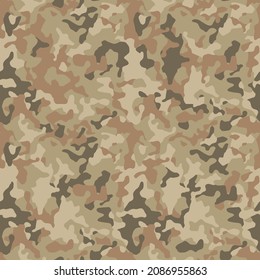 Military Background Of Soldiers Sand Brown Camo. Camouflaging Seamless Pattern. Modern Camo Texture For Army Clothing. Textile Print. Vector 