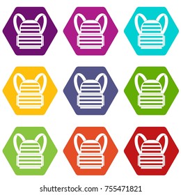 Military backpack icon set many color hexahedron isolated on white vector illustration