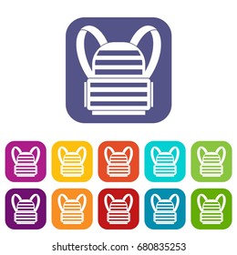 Military backpack icons set vector illustration in flat style in colors red, blue, green, and other