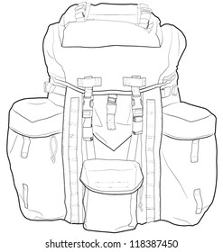 Military backpack outline vector drawing. Very detailed. Fully editable.