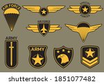 Military badge, army patch and insignia set. Air and airforce emblems with eagle, star and plane. Vector illustration.