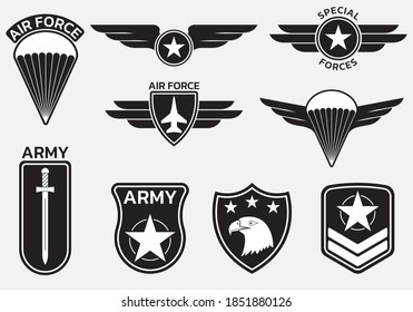 Military badge, army patch and insignia set. Air and airforce emblrms with eagle, star and plane. Vector illustration.