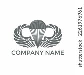 Military badge illustration of parachute with wings or parachutist badge used by Parachute Regiment in the British Armed Forces on isolated background in black and white retro style