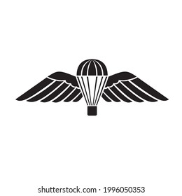 Ilustración de insignia militar de paracaídas con alas o insignia paracaidista usada por el Regimiento de Paracaídas en las Fuerzas Armadas Británicas sobre un fondo aislado de estilo retro en blanco y negro.