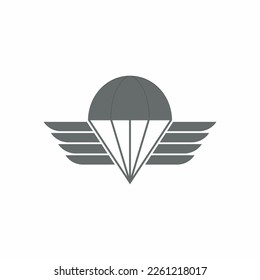 Ilustración de insignia militar de paracaídas con alas o placa paracaidista utilizada por el Regimiento de Paracaídas en las Fuerzas Armadas Británicas sobre un fondo aislado de estilo retro blanco y negro