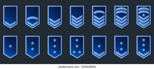 Símbolo azul de insignia militar. Sargento Soldado, Mayor, Oficial, General, Teniente, Coronel Emblem. Icono del Rango del Ejército. Logo de Estrella y Rayas de Chevron. Ilustración de vectores aislados.