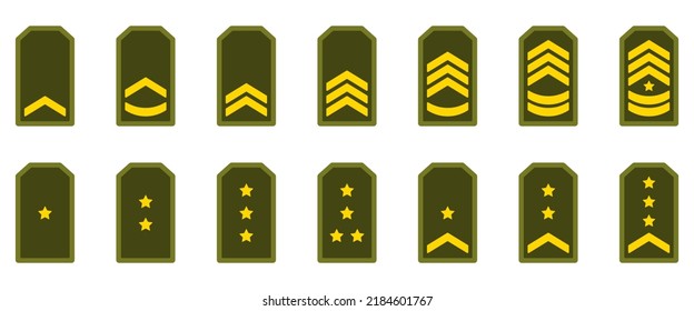 Military Badge Insignia Green Symbol. Army Rank Icon. Chevron Yellow Star And Stripes Logo. Soldier Sergeant, Major, Officer, General, Lieutenant, Colonel Emblem. Isolated Vector Illustration.