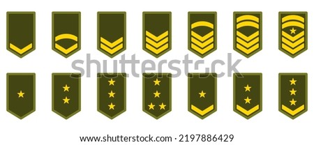 Military Badge Insignia Green Symbol. Army Rank Icon. Chevron Yellow Star and Stripes Logo. Soldier Sergeant, Major, Officer, General, Lieutenant, Colonel Emblem. Isolated Vector Illustration.