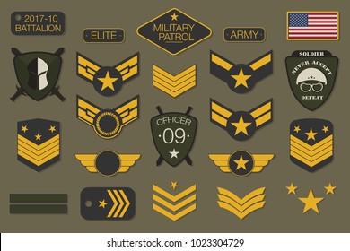 Military badges and army patches typography. Military embroidery chevron and pin design for t-shirt graphic. Vector