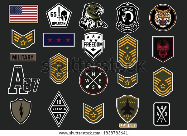 Military badges\
and army patches typography. Military embroidery chevron and pin\
design for t-shirt graphic.\
Vector