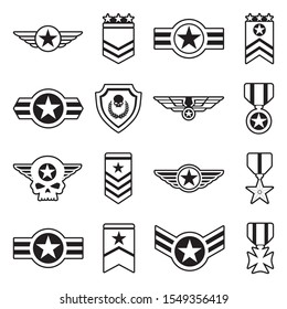 Military Badges Icons. Line With Fill Design. Vector Illustration.