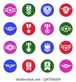 Military Badges Icons. White Flat Design In Circle. Vector Illustration. 