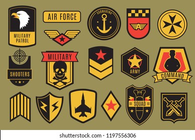 Military badges. Usa army patches. American soldier chevrons with wings and stars. Emblem vector set. Illustration of military emblem, insignia for army patch