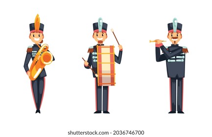 Military Band Member in Parade Uniform Playing Musical Instrument Vector Set