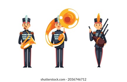 Military Band Member in Parade Uniform Playing Musical Instrument Vector Set