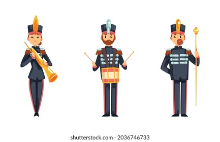 Military Band Member in Parade Uniform Playing Musical Instrument Vector Set