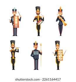 Military Band Member in Parade Uniform Playing Musical Instrument Vector Set