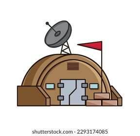 Military base. Army post. Protective building. Modern military camp. Radar station with antenna. Flat cartoon isolated on white background