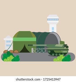 Military Base Camp With Army And Air Force Vehicles.
Flat Style Vector Illustration.