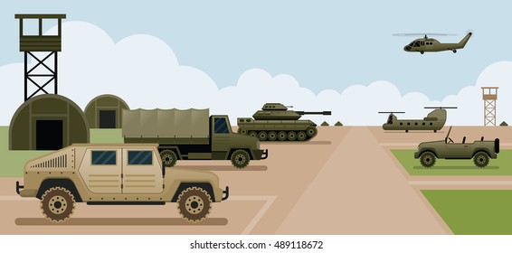 Military Base Camp, Side View With Army And Air Force Vehicles