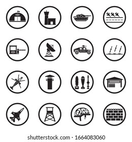 Military Base Icons. Black Flat Design In Circle. Vector Illustration.