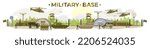 Military base including soldiers, helicopters, tanks, tents, storage buildings, trucks. Army training. Military uniform. Flat vector illustration.