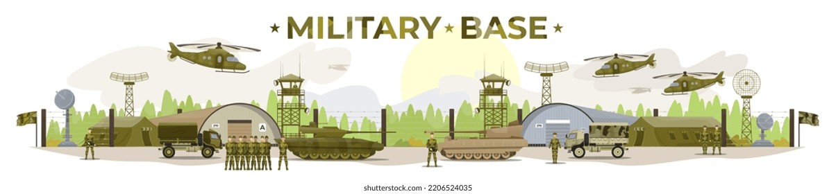 Military Base Including Soldiers, Helicopters, Tanks, Tents, Storage Buildings, Trucks. Army Training. Military Uniform. Flat Vector Illustration.