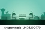 Military base landscape vector illustration. Silhouette of military base gate with tank and watchtower. Military landscape for background, wallpaper or illustration. Army training field illustration