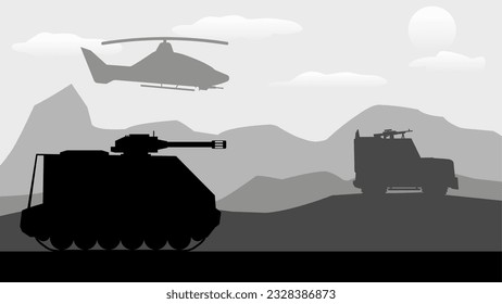 Military base landscape vector illustration. Military army with armored fighting vehicle and attack helicopter. Battlefield silhouette landscape for background, wallpaper, display or landing page