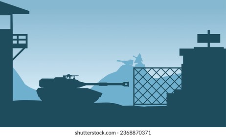 Ilustración vectorial de base militar. Silueta paisajística de tanque y posguardia en base militar. Paisaje militar para fondo, fondo de pantalla o página de aterrizaje