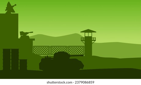 Military base landscape vector illustration. Silhouette of military base gate with guard post and tank. Military landscape for background, wallpaper or landing page