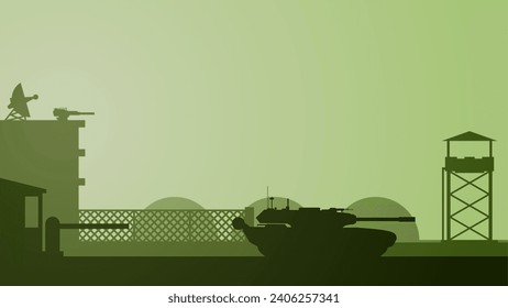Military base landscape vector illustration. Silhouette of military base gate with tank and watchtower. Military landscape for background, wallpaper or illustration. Army training field illustration