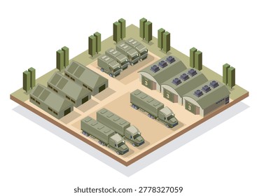 Military base with trucks and barracks in isometric style on light background showing defense concept for modern military operations. Hand-drawn vector illustration