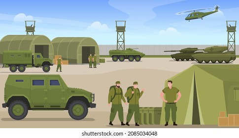 Military base with war transportation and soldiers vector flat cartoon illustration. Professional warriors in green uniform serve at army with weapon, tank, armoring cars, protective heavy equipment
